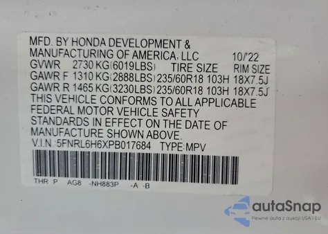2023 Honda Odyssey Exl z USA, uszkodzony, nr VIN 5FNRL6H6XPB017684